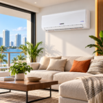 Aire acondicionado PRIME W1 Mini Split 24.000 BTU blanco, instalado en la pared de una sala moderna en Miami, con sofá beige, plantas y grandes ventanales con vista al mar.
