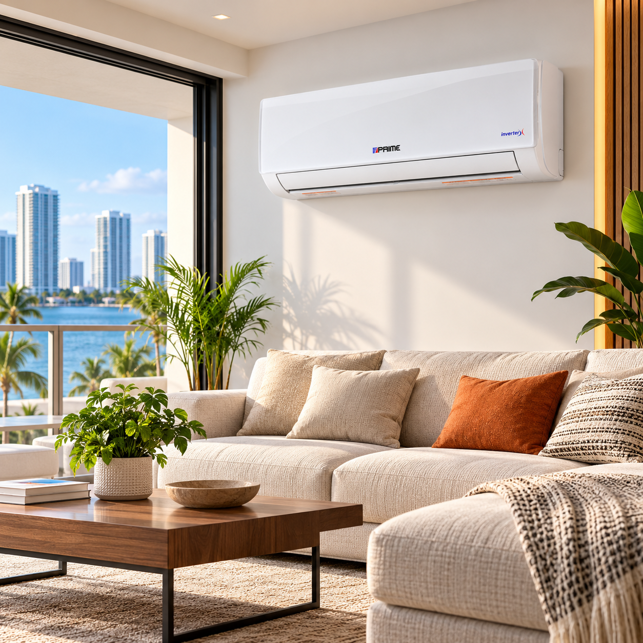 Aire acondicionado PRIME W1 Mini Split 24.000 BTU blanco, instalado en la pared de una sala moderna en Miami, con sofá beige, plantas y grandes ventanales con vista al mar.