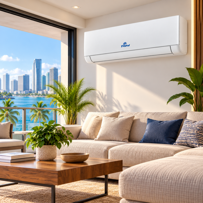 Aire acondicionado TGM Mini Split blanco instalado en la pared de una sala moderna en Miami, con sofá beige, plantas tropicales, grandes ventanales y vista al mar.