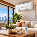 Aire acondicionado PG Mini Split 24.000 BTU blanco, instalado en la pared de una sala moderna con sofá beige, plantas, grandes ventanales y vista a Miami.