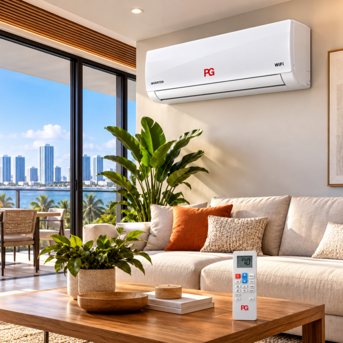 Aire acondicionado PG Mini Split 24.000 BTU blanco, instalado en la pared de una sala moderna con sofá beige, plantas, grandes ventanales y vista a Miami.