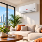 Aire acondicionado Mini Split PG blanco instalado en la pared de una sala moderna con sofá, plantas y grandes ventanales.