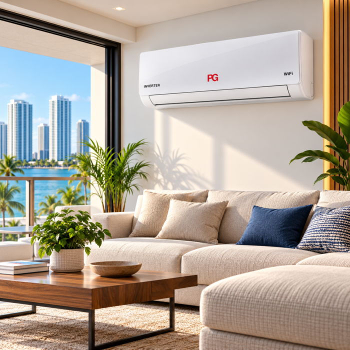 Aire acondicionado PG Mini Split 30.000 BTU blanco, instalado en la pared de una sala moderna con sofá beige, plantas tropicales y grandes ventanales con vista a Miami.