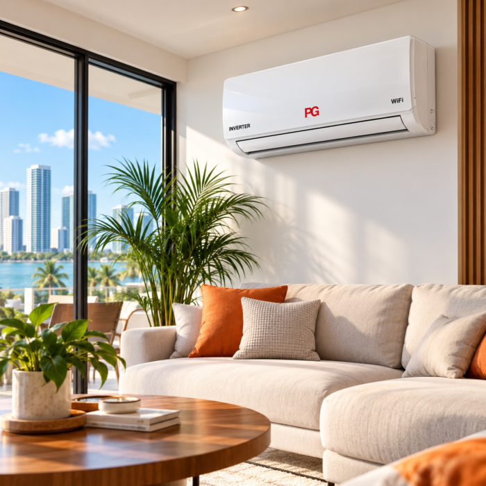 Aire acondicionado Mini Split PG blanco instalado en la pared de una sala moderna con sofá, plantas y grandes ventanales.