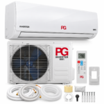 Aire acondicionado Mini Split PG 18.000 BTU blanco, con unidad interior, condensadora exterior, control remoto y accesorios de instalación.