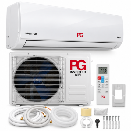 Aire acondicionado Mini Split PG 18.000 BTU blanco, con unidad interior, condensadora exterior, control remoto y accesorios de instalación.