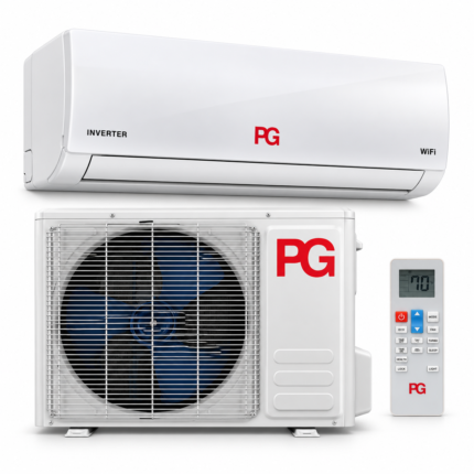 Aire acondicionado Mini Split PG 24.000 BTU blanco, con unidad interior Inverter WiFi, condensadora exterior y control remoto sobre fondo blanco.