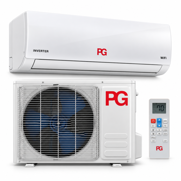 Aire acondicionado Mini Split PG 24.000 BTU blanco, con unidad interior Inverter WiFi, condensadora exterior y control remoto sobre fondo blanco.