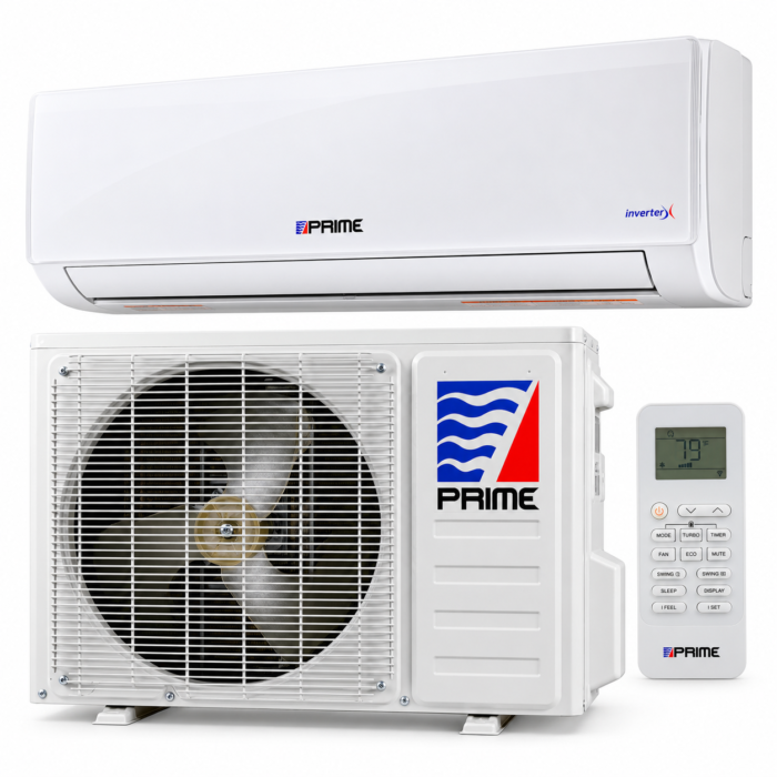 PRIME W1 Mini Split 24.000 BTU Frío y Calor 220 V – Producto Principal Aire acondicionado PRIME W1 Mini Split 24.000 BTU Inverter blanco, frío y calor, 220 V, con unidad interior, condensadora exterior y control remoto.