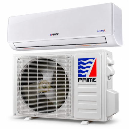 Aire acondicionado PRIME Mini Split Inverter 12.000 BTU frío y calor 220 V, con unidad interior y condensadora exterior blancas.