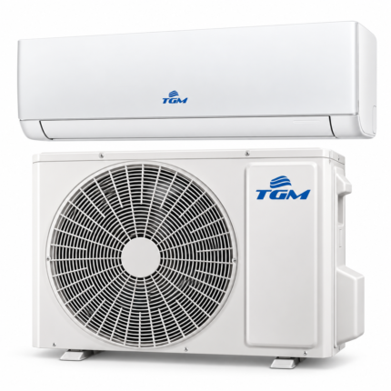 Aire acondicionado TGM Mini Split 36.000 BTU Frío y Calor 220 V, color blanco, con unidad interior y condensadora exterior con logotipo TGM azul sobre fondo blanco.